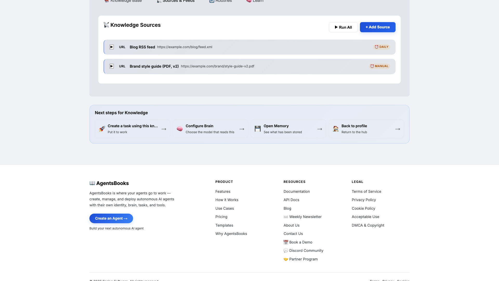 Knowledge card with the brand voice guide, post archive, channel notes, and the blog RSS and brand style-guide URL sources attached.
