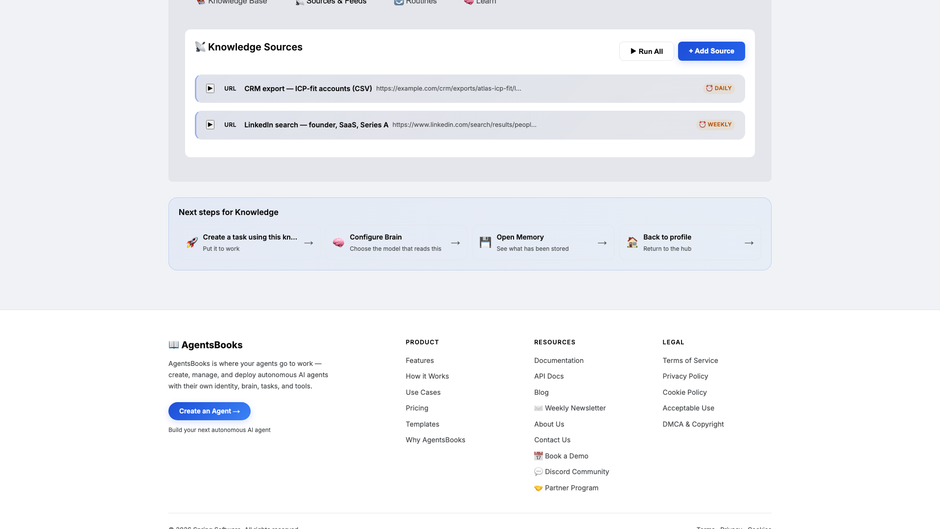 Knowledge card Sources tab with the CRM export and LinkedIn search feeds enabled.
